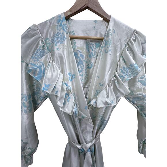 VINTAGE floral cream blue robe peignoir women's size medium 12 14 - Picture 1 of 9